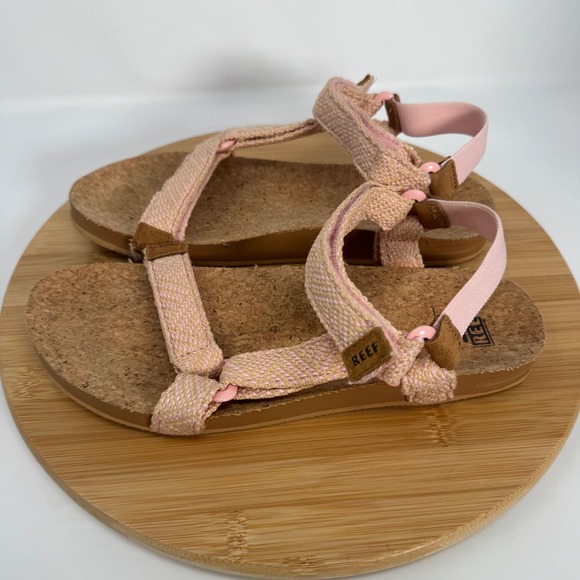 Reef Cushion Rem Pink Tan Woven Strappy Cork Footbed Sandals Womens 9 D-22 JHV - Picture 9 of 11
